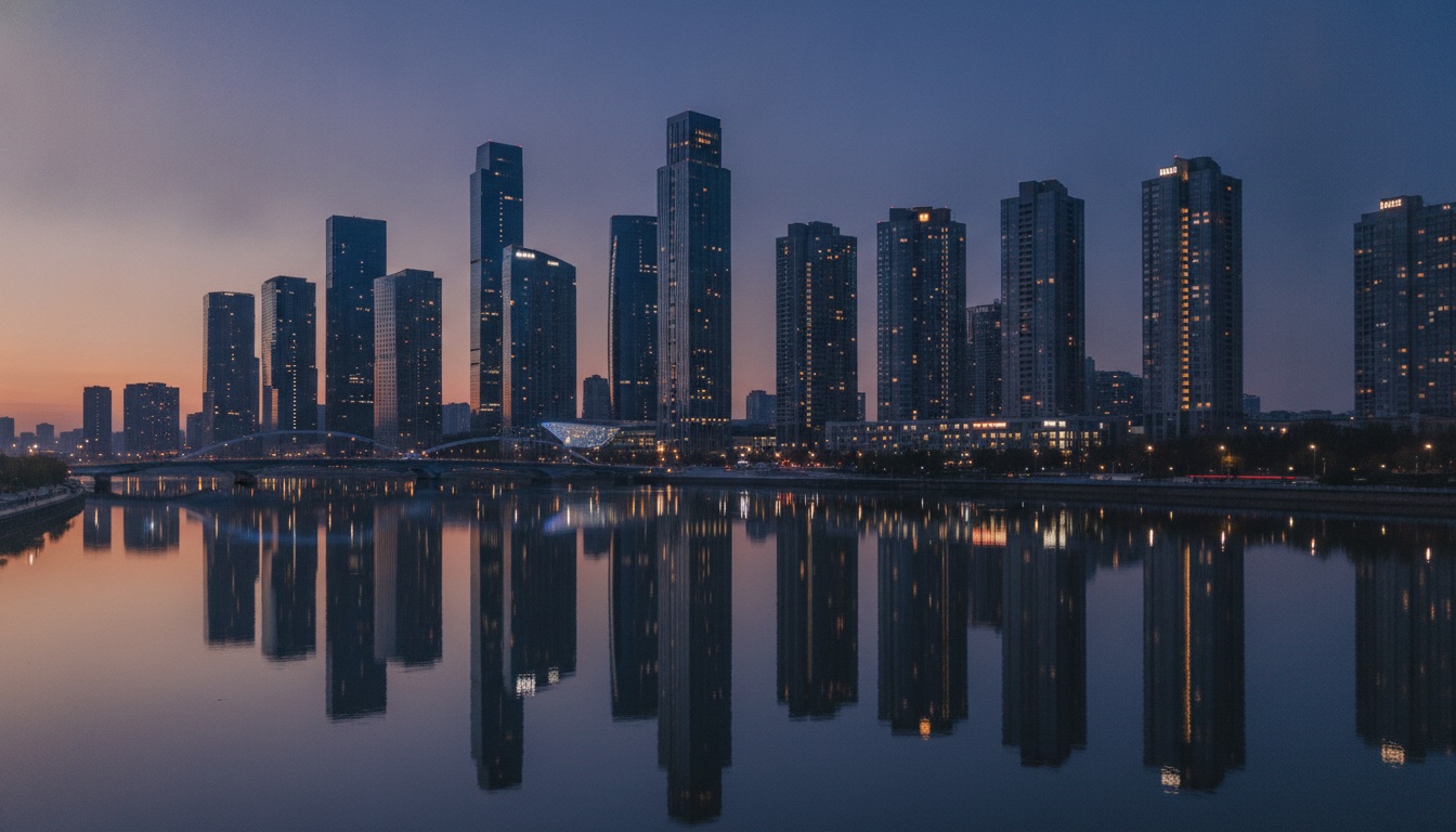 A city skyline at blue hour reflected in a river with soft lights