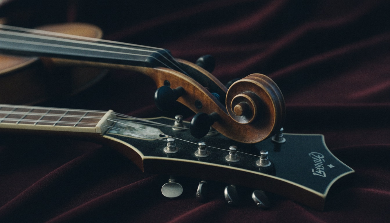 A fiddle scroll and a mandolin overlapping on dark velvet in cool light