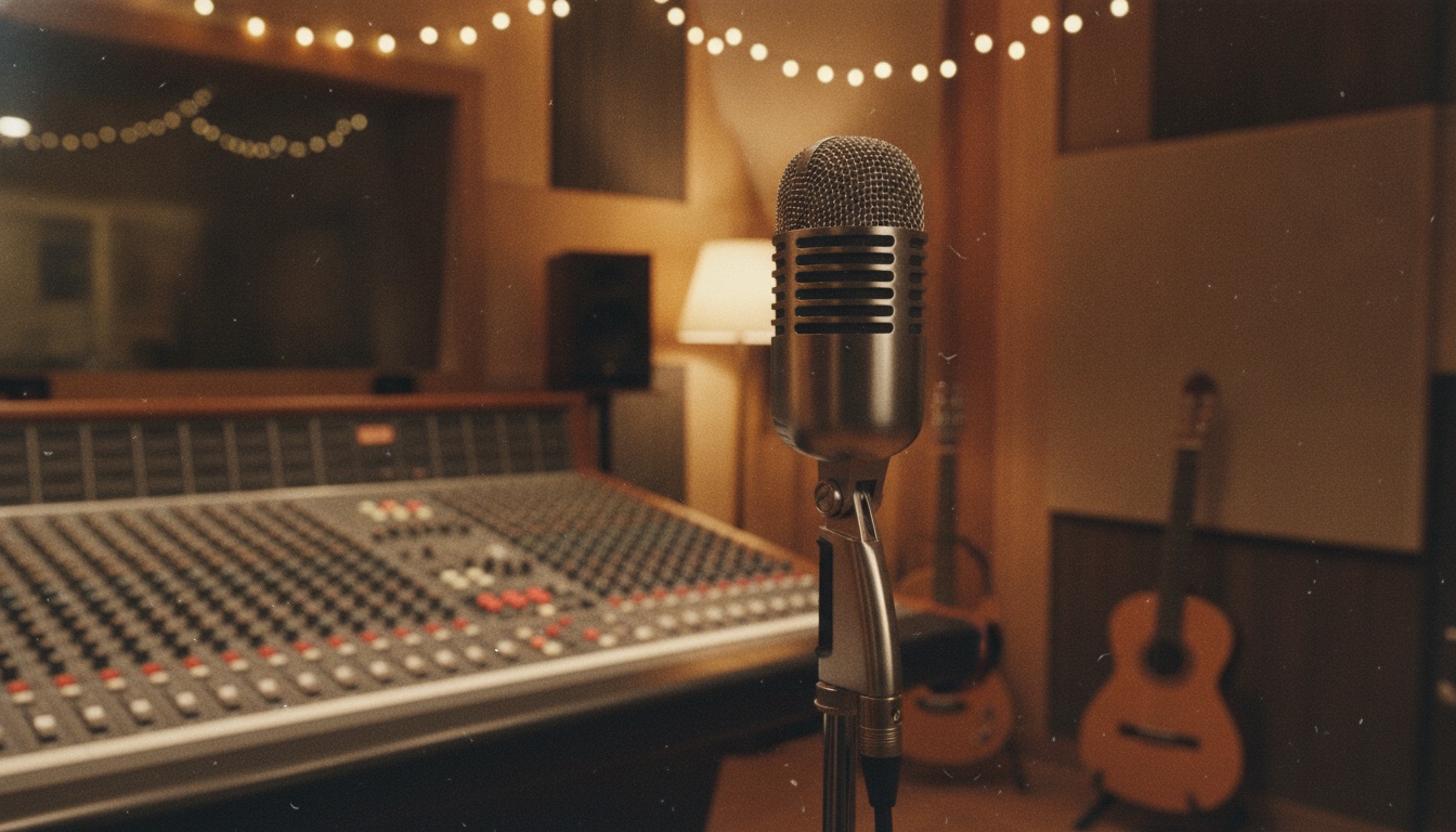 A vintage ribbon microphone in a warm wood recording studio with a mixing console behind