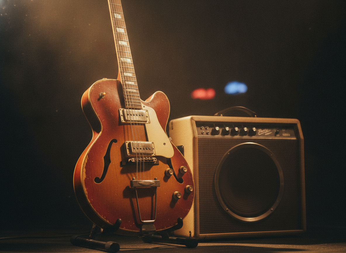 A vintage guitar and amplifier lit by warm gold stage light against a dark hazy backdrop
