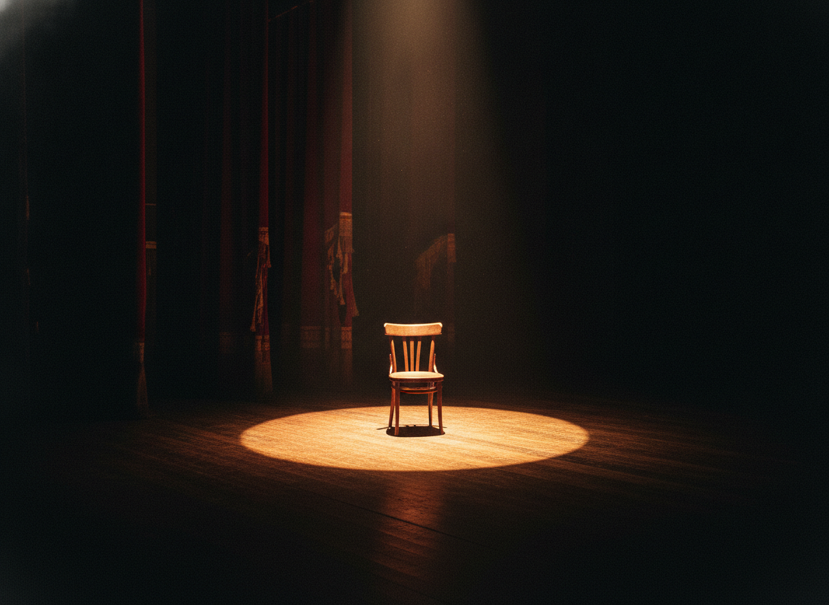 A single operatic spotlight cutting through darkness onto a bare theatrical stage