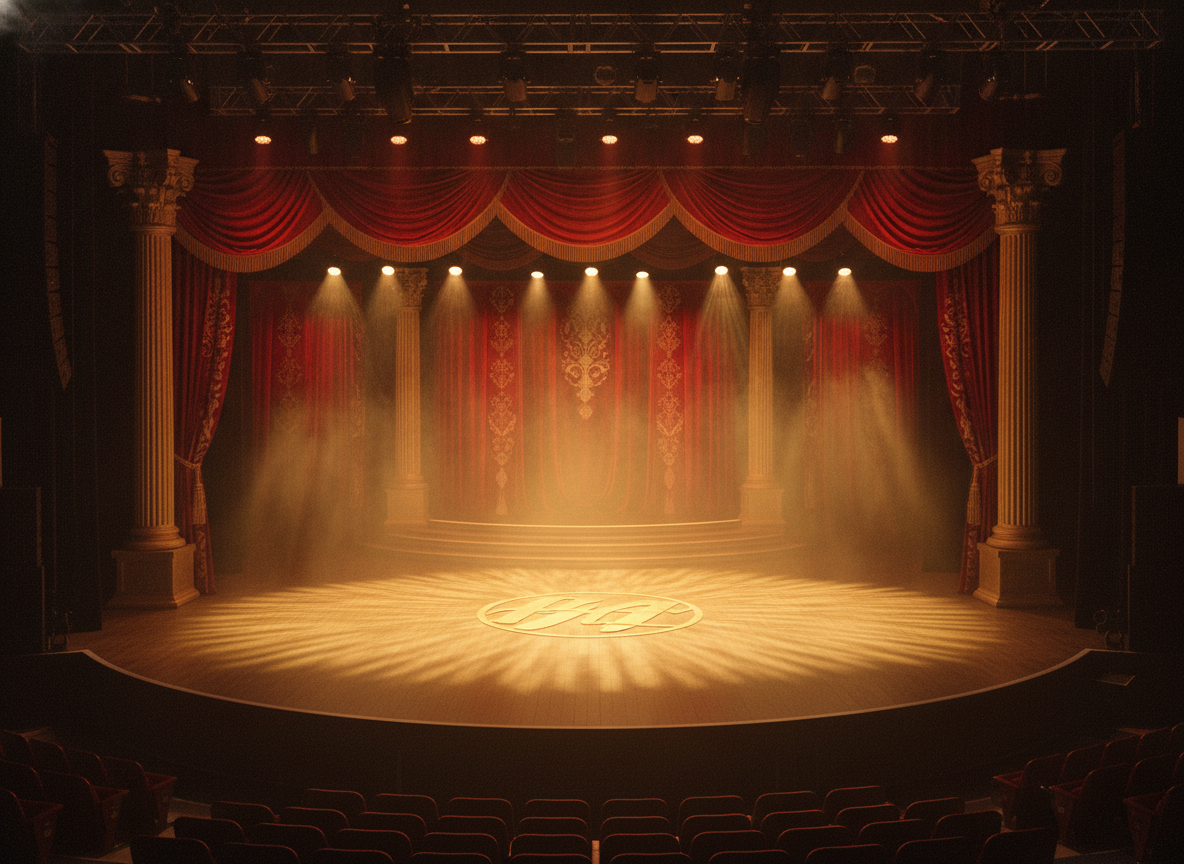 An empty arena stage bathed in gold and crimson spotlights with haze drifting through the beams