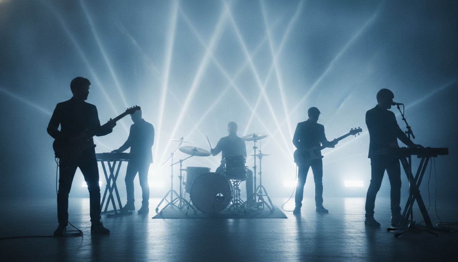 Five musicians in silhouette on a stark stage under cold blue and white light