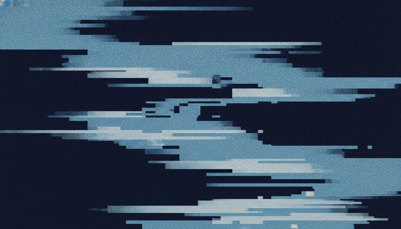 Abstract corrupted digital static in ice blue and pale white over deep navy
