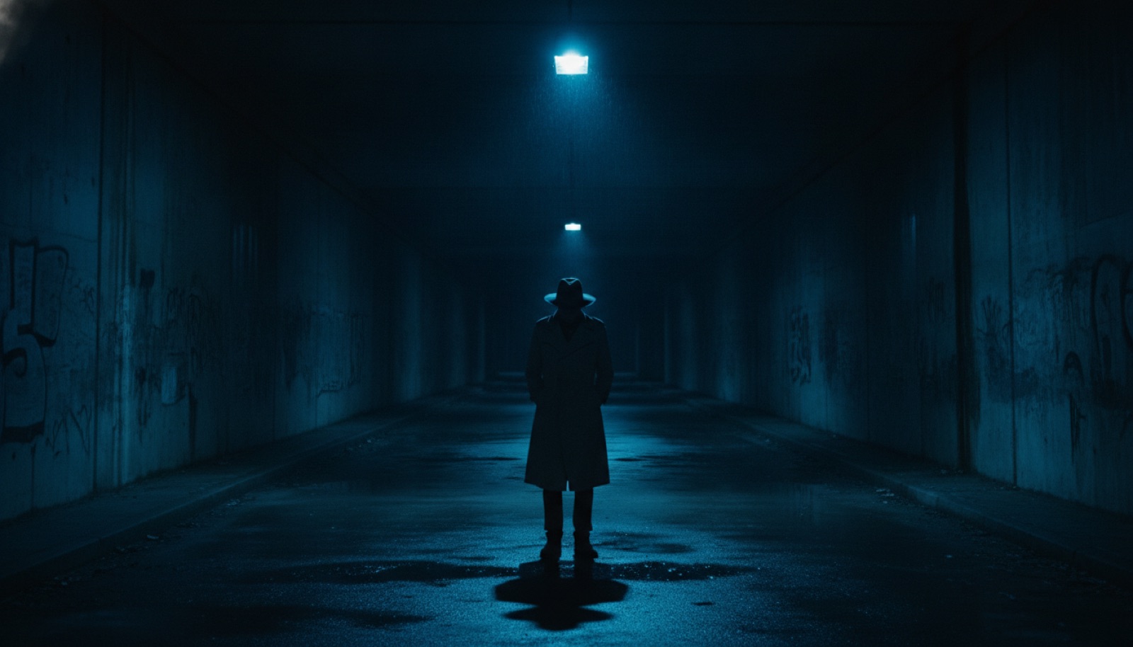 A lone figure standing in an empty concrete underpass at night under cold blue light