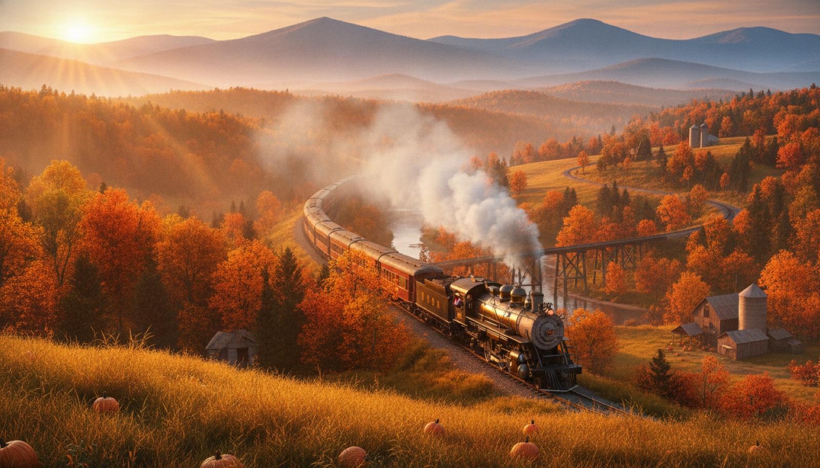 A vintage train vanishing into misty blue mountains at golden hour