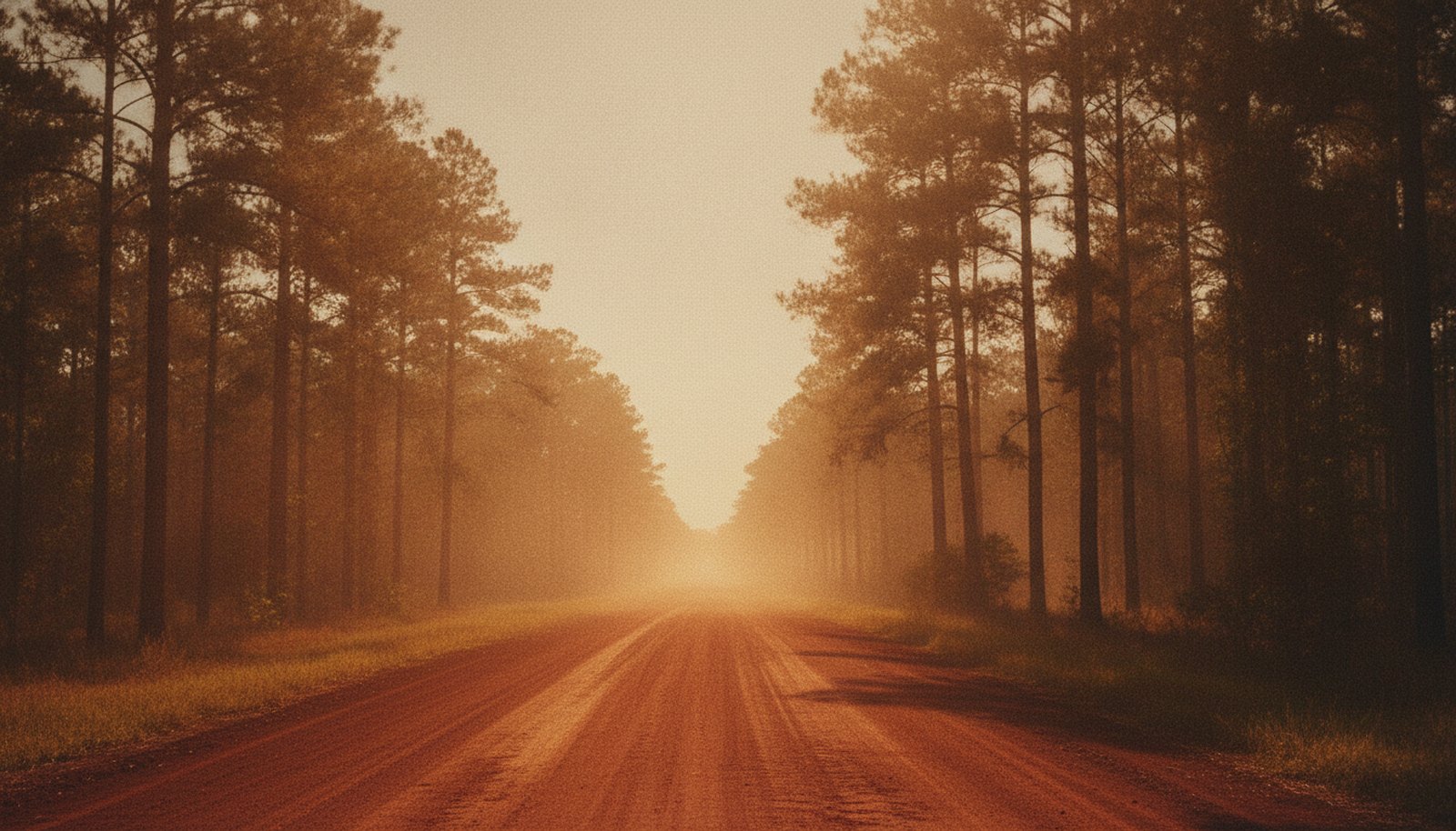 An empty rural Georgia road at golden hour, pine trees and red clay in warm sepia light