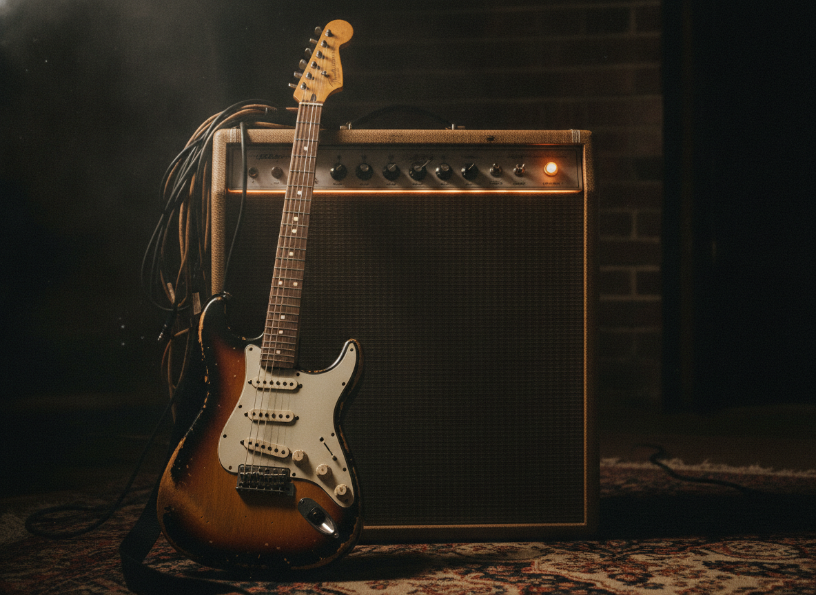 A vintage electric guitar leaning against a warmly lit tube amplifier in a dark rehearsal room