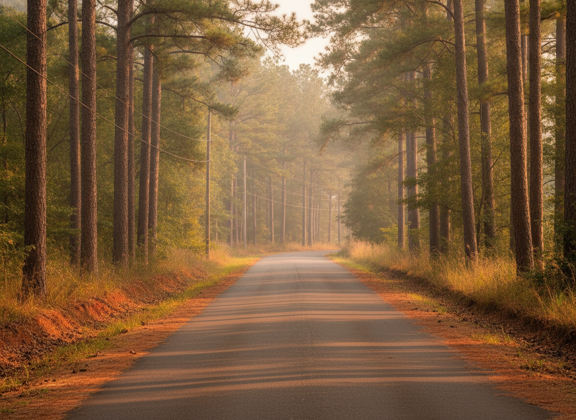 A weathered Gulf Coast roadside under a warm hazy Alabama sky with pine and red clay earth