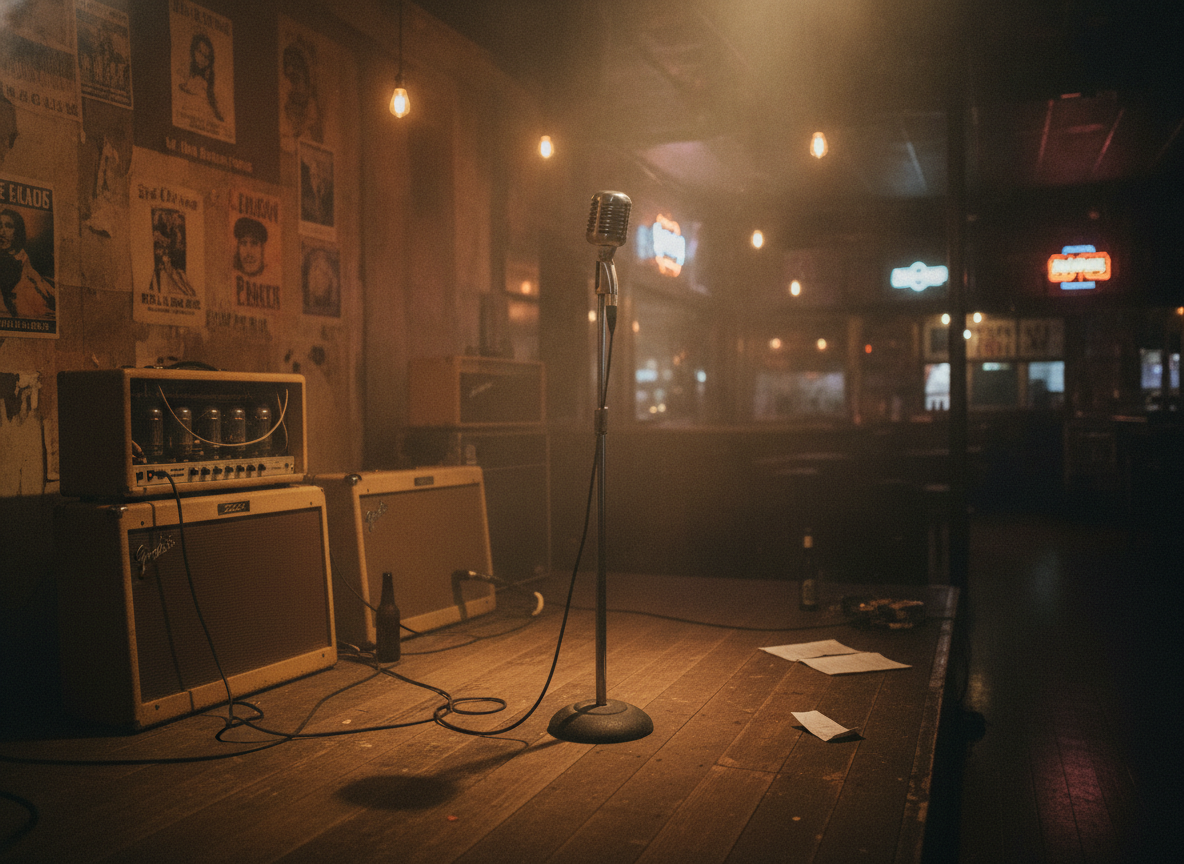 A dim Southern roadhouse stage with a vintage microphone, amplifiers, and warm low light