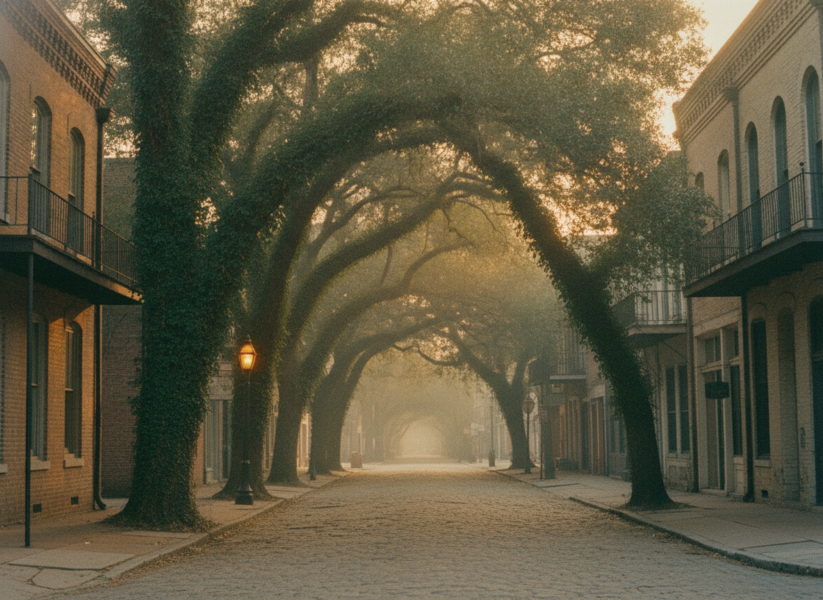 A warm, hazy view of a small Southern college town street with old brick buildings and kudzu-draped trees at dusk