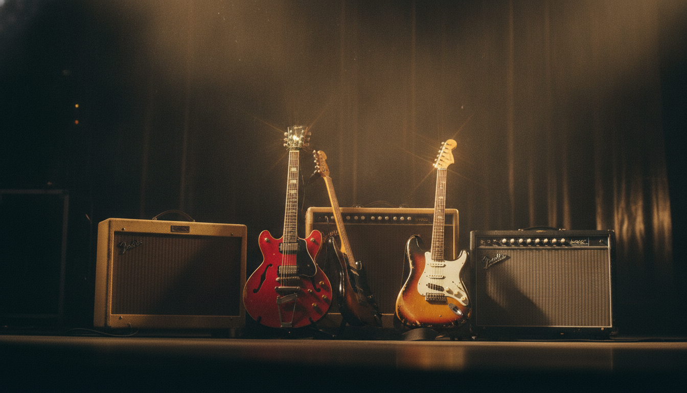 Jangly electric guitars and vintage amplifiers glowing in warm gold stage light against a dark backdrop