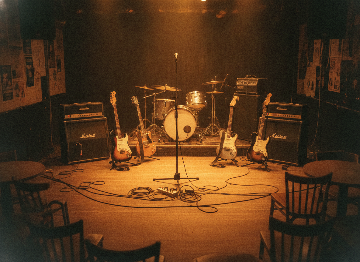 A small dim club stage with amplifiers and jangly electric guitars bathed in warm gold light before a show