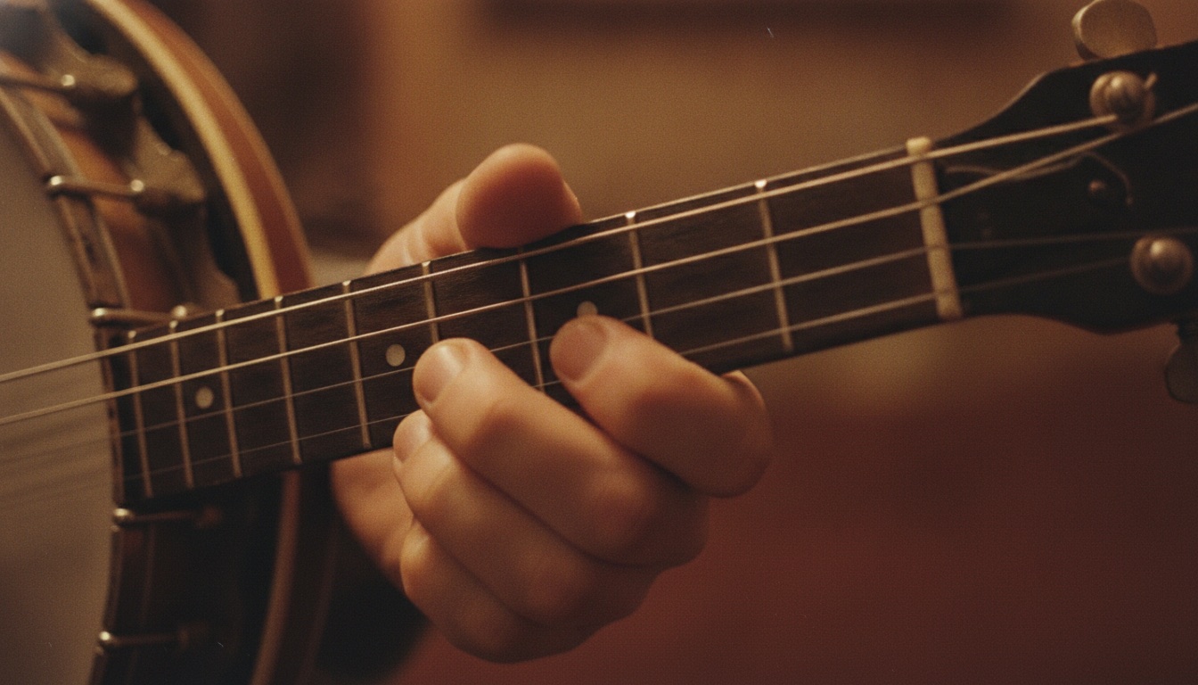 Close-up of the neck and strings of a vintage five-string banjo in warm dramatic light