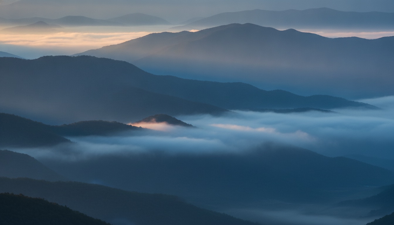 Blue Ridge mountains of Virginia at dawn in blue mist with layered ridgelines
