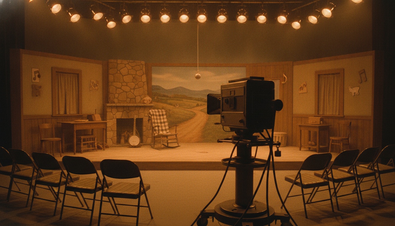 A 1950s television studio with an old camera and warm stage lights
