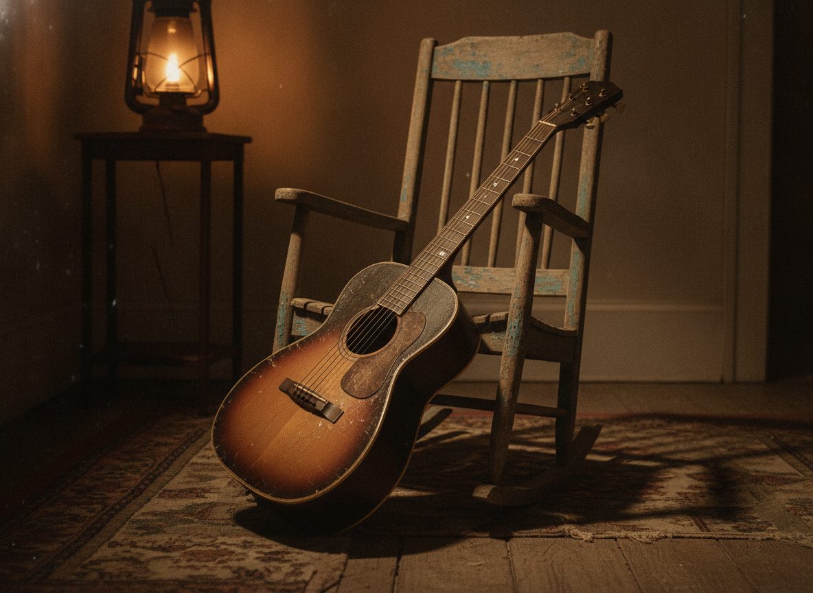 A vintage parlor guitar resting on a wooden chair in warm lamplight against a dark room