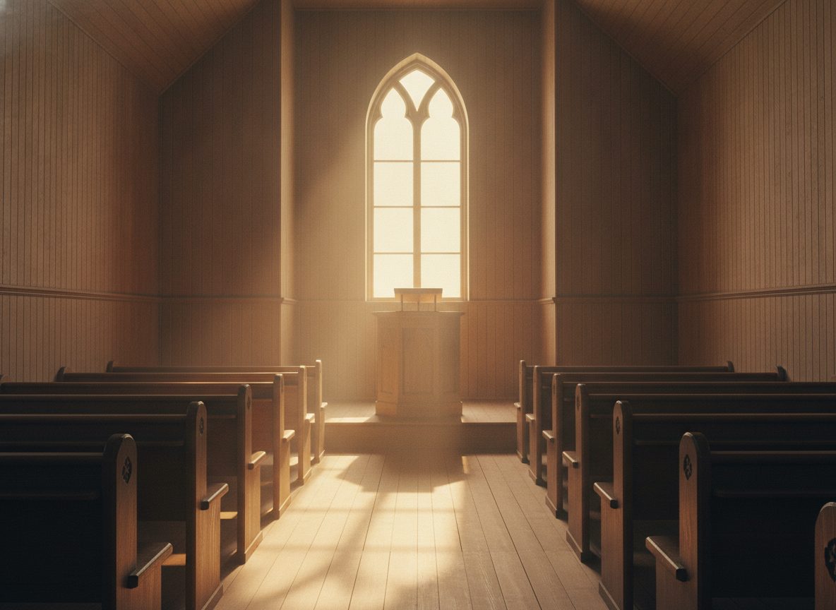 An empty wooden church pulpit and pews in soft golden light from a tall window