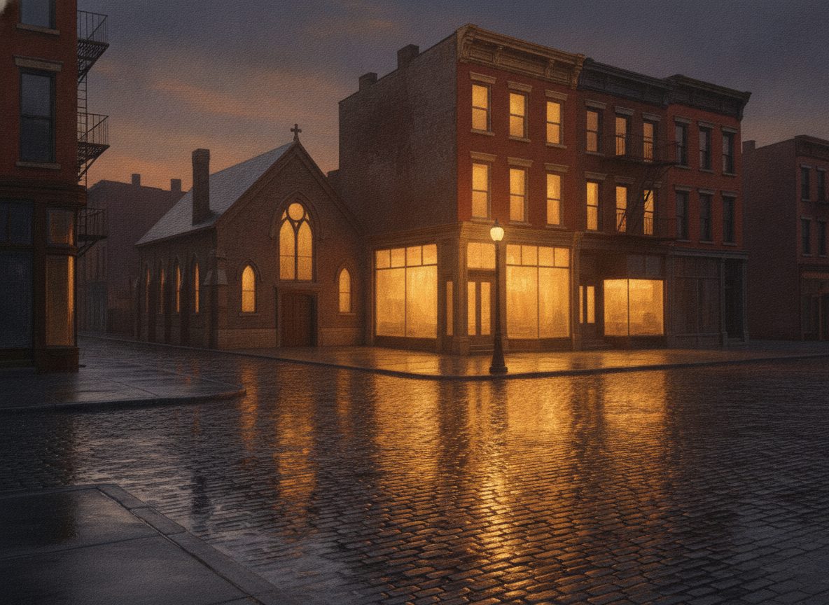A rain-slicked Harlem street corner at dusk with old storefronts and warm window light