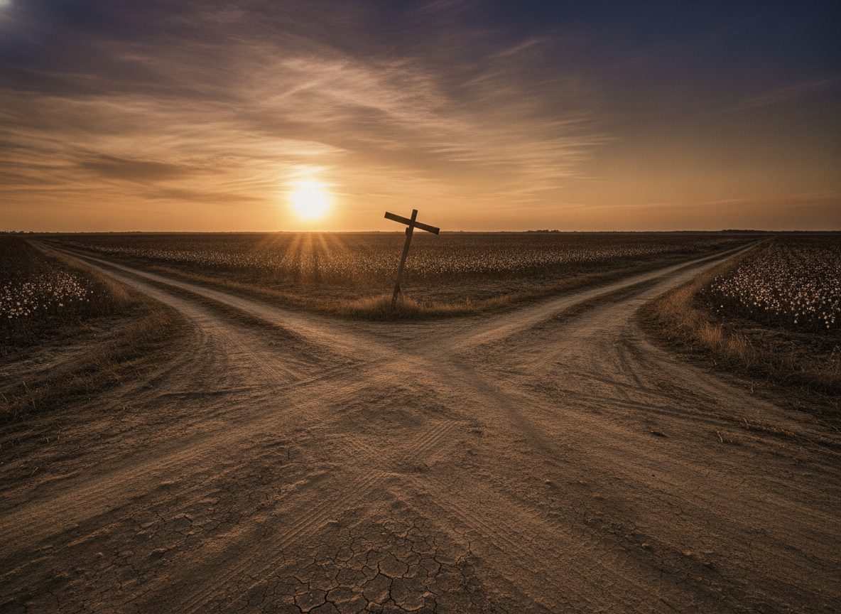 An empty dirt crossroads at dusk under a vast amber sky, two roads meeting in dry Delta cotton country