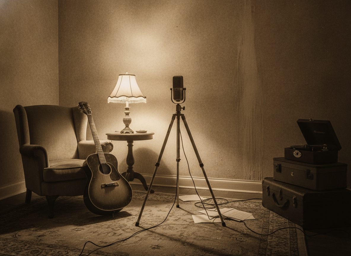 A dim 1930s hotel room turned makeshift studio, a single guitar and an old ribbon microphone facing a bare wall, warm lamplight