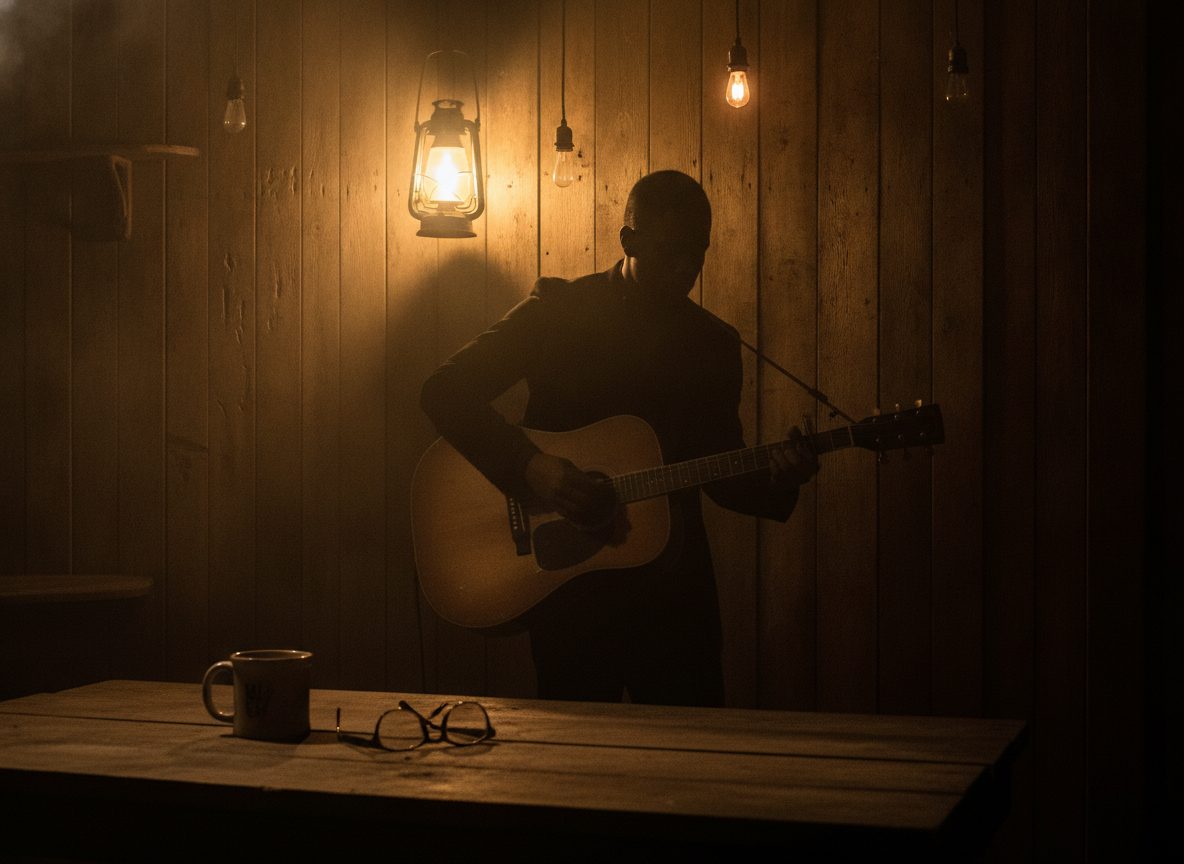 A warm, smoky Delta juke joint at night, lantern light, a lone guitarist silhouetted against a wooden wall, no faces visible
