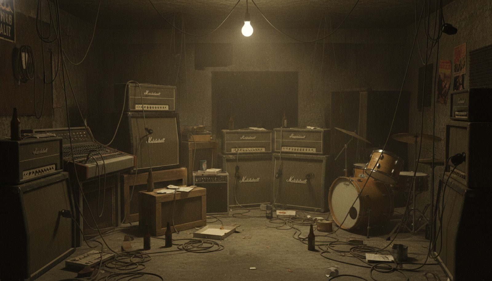 A dim, cluttered basement room with amplifiers and cables under a single bare bulb