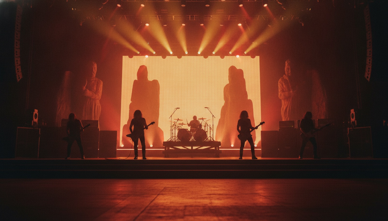 Silhouetted rock musicians on a wide stage under warm red and amber lights