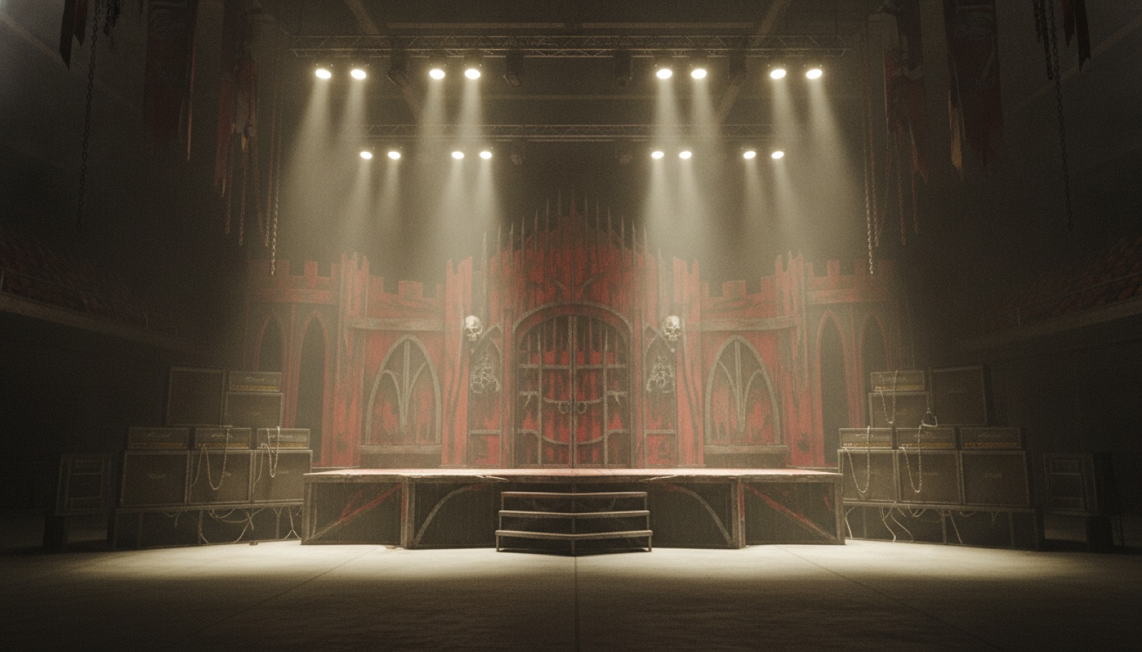A weathered red-and-black stage set glowing under hot spotlights in a smoky arena