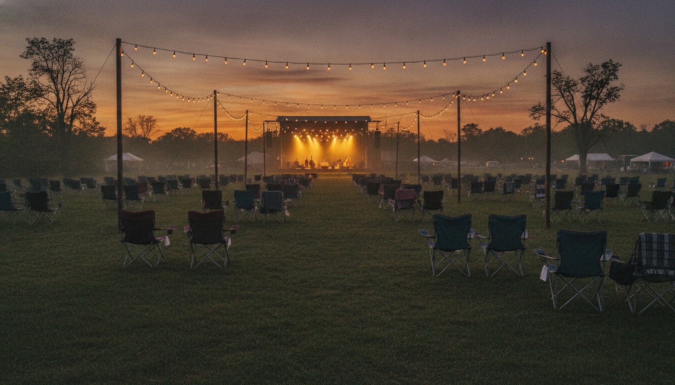 A wide outdoor bluegrass festival field at dusk with string lights and a distant glowing stage