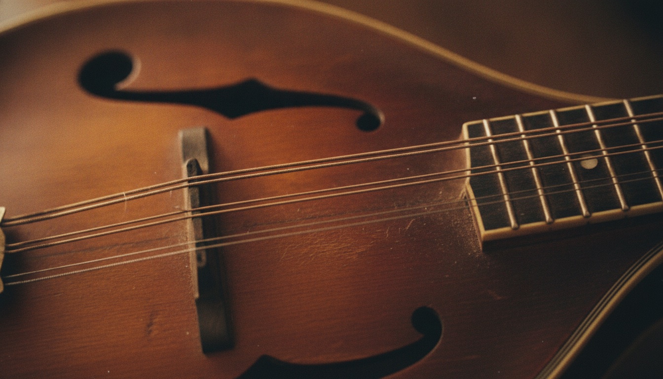 Close-up of the f-holes and strings of a well-worn bluegrass mandolin in warm light