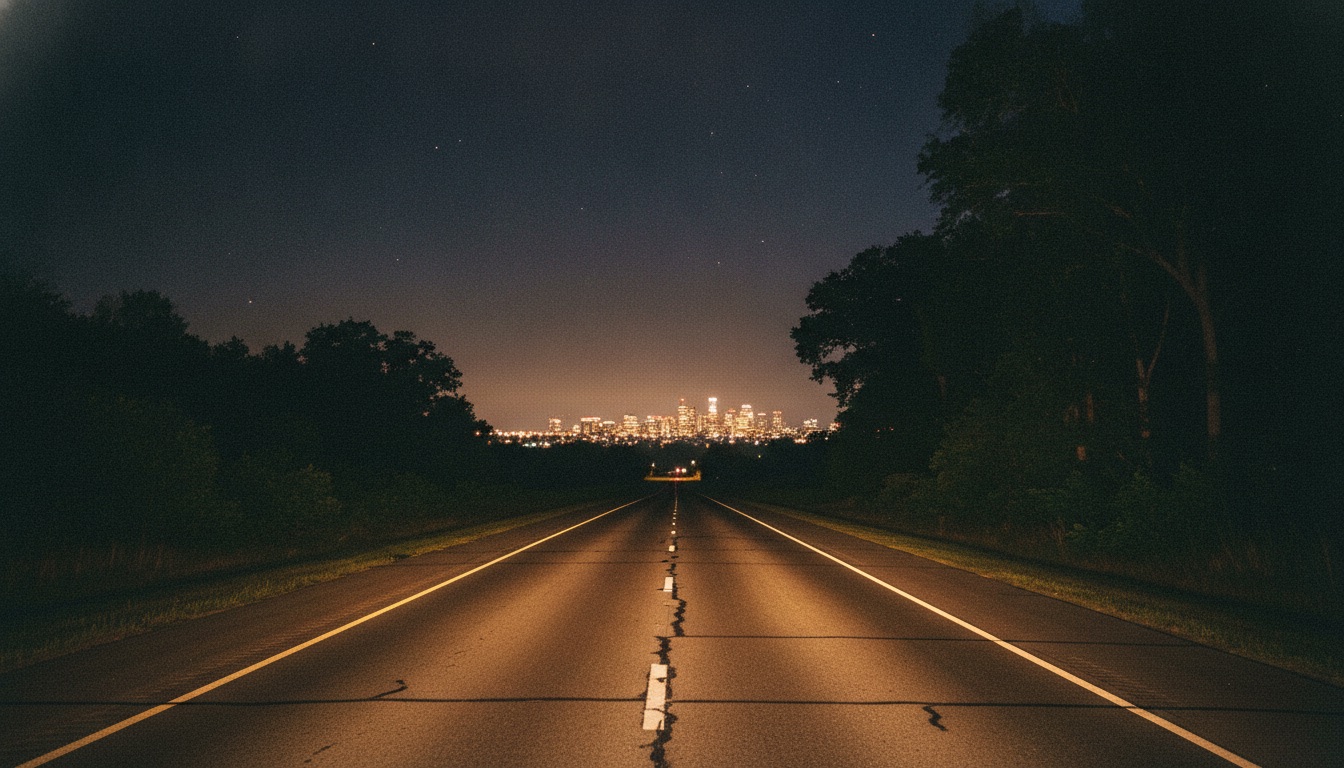 An open two-lane highway at night heading toward distant city lights
