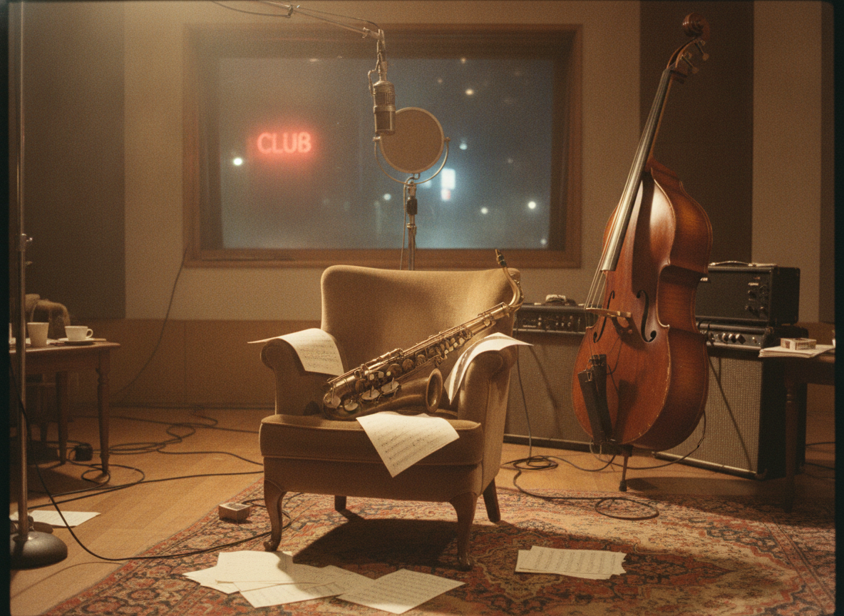 A dim 1960s session scene with a saxophone resting on a chair beside sheet music and an upright bass under warm gold light, no people