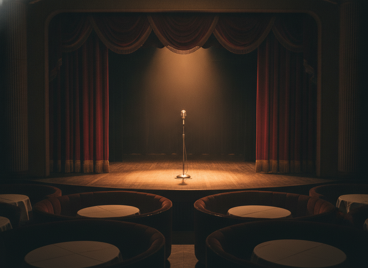 An empty vintage nightclub stage with a single microphone stand under a warm amber spotlight and velvet curtain, no people
