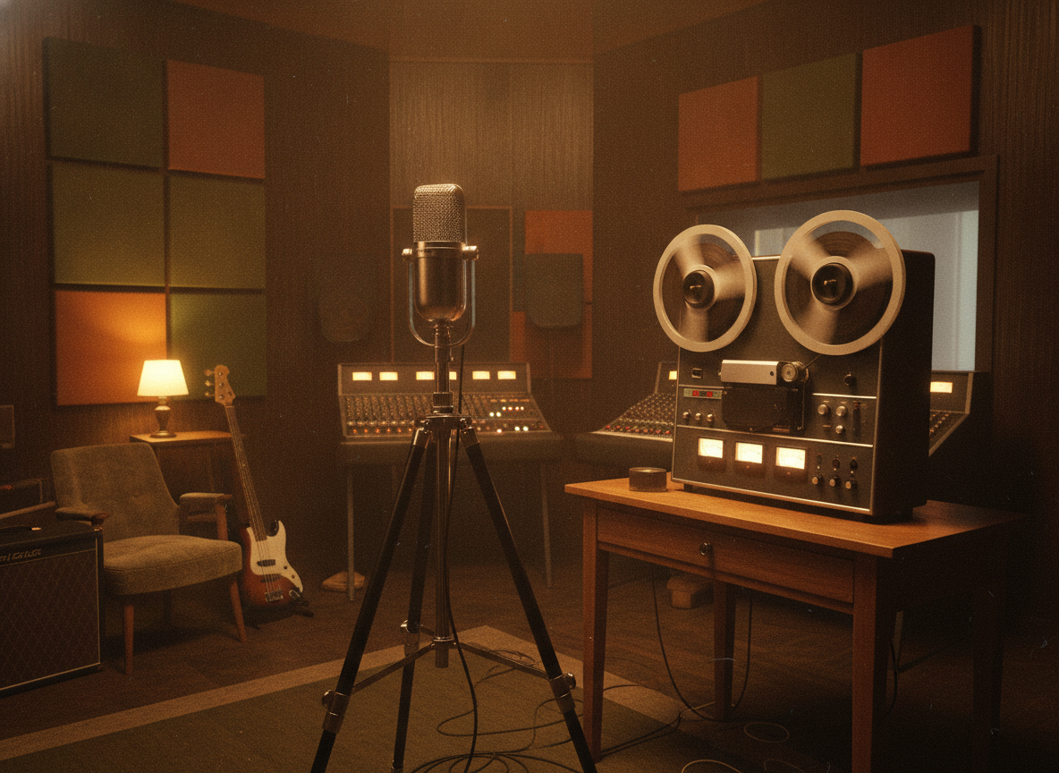 A warm 1960s recording studio bathed in gold light, a vintage ribbon microphone and reel-to-reel tape machine, no people