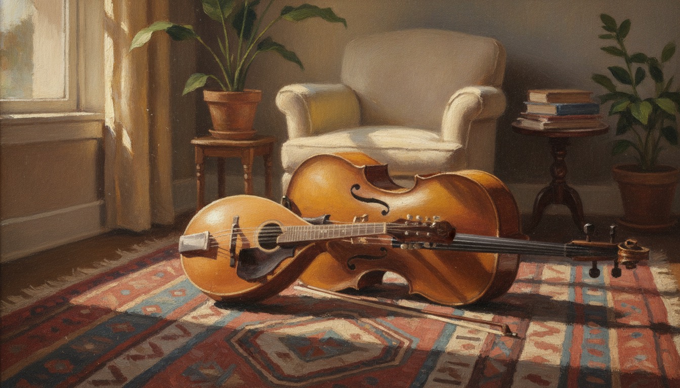 An octave mandolin and a cello resting on a woven rug in a sunlit apartment in warm morning light