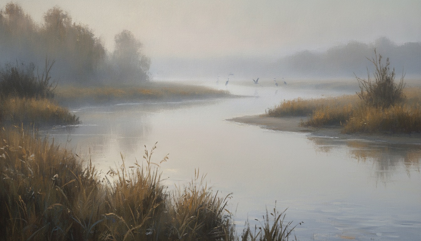A misty river at dawn lined with tall reeds and herons in the distance in soft silver light
