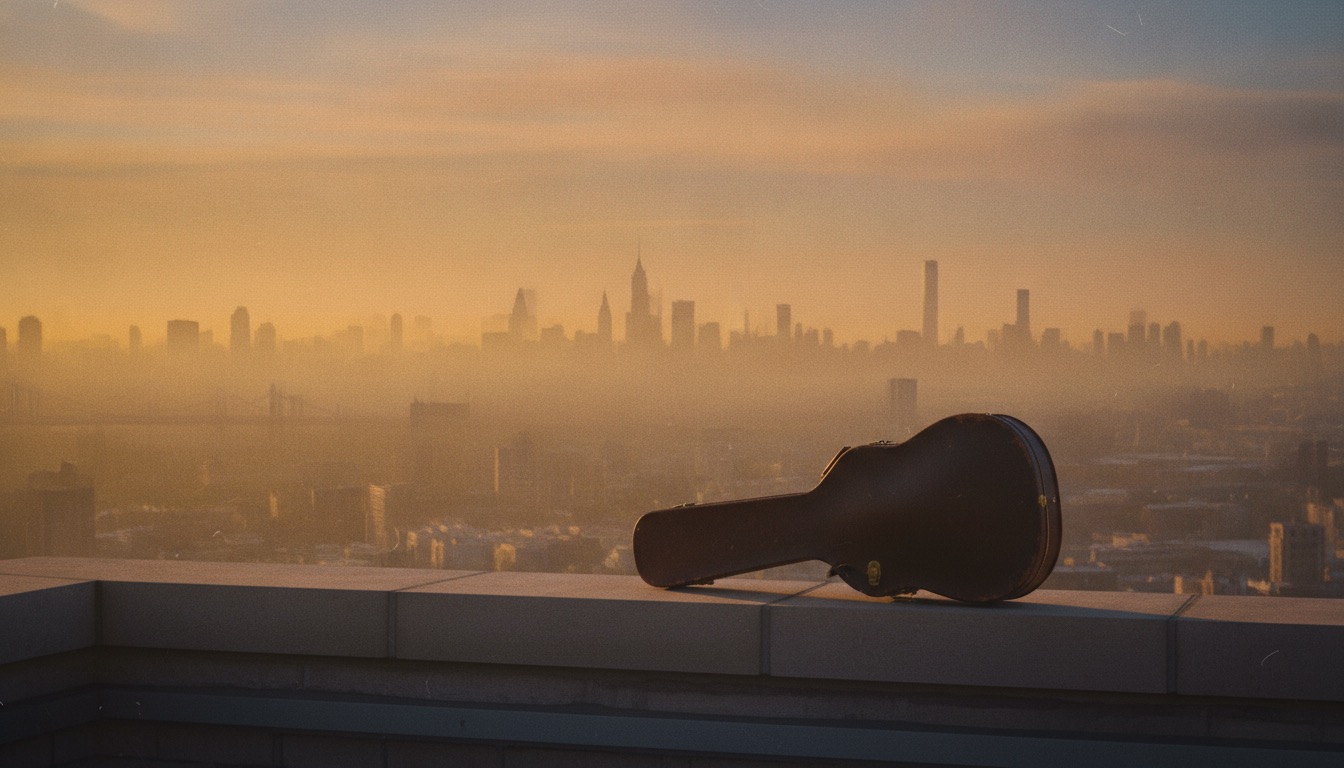 A quiet rooftop at golden hour overlooking a hazy city skyline with a guitar case leaning on a ledge