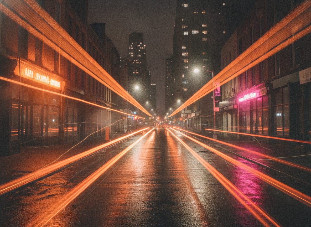 A neon-lit New York City street at night in warm amber and pink tones, headlights streaking past old storefronts