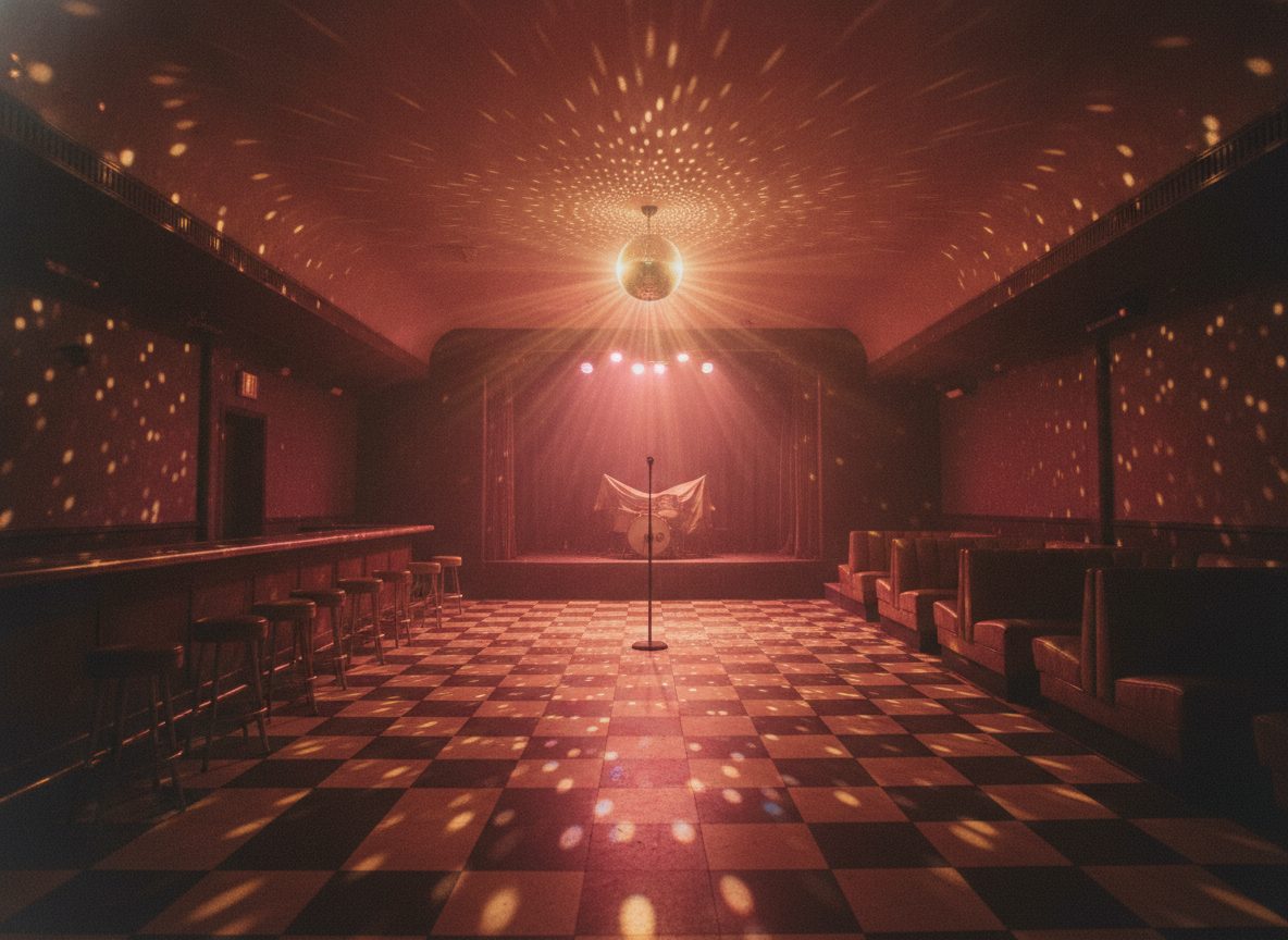 A warm amber and magenta glow washing over an empty vintage soul club with a mirror ball catching the light