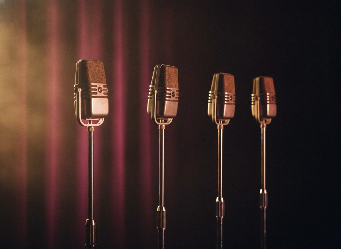 Three vintage ribbon microphones lined up in warm stage light against a dark backdrop of soft haze