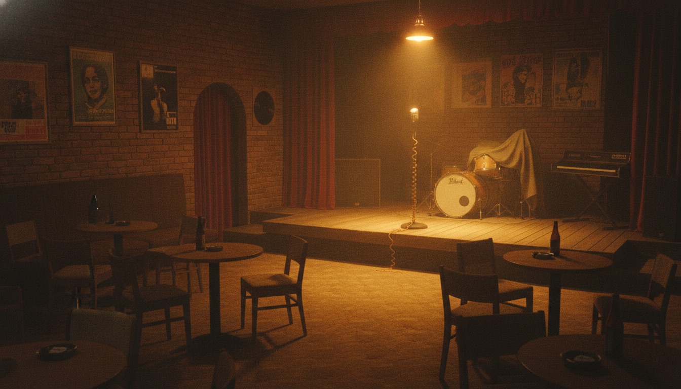 A cozy dim 1970s music club with small tables and a low stage under a single warm spotlight