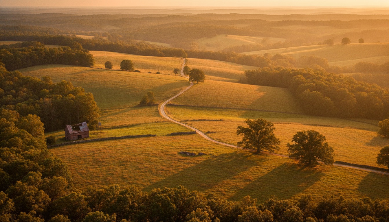 Rolling Virginia countryside near Washington DC at golden hour with soft haze