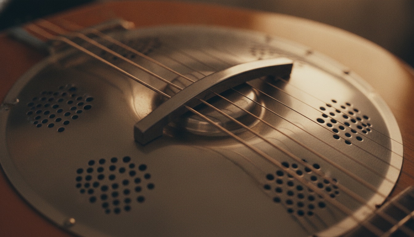 Close-up of the steel resonator cone and strings of a Dobro guitar with a steel bar in warm light
