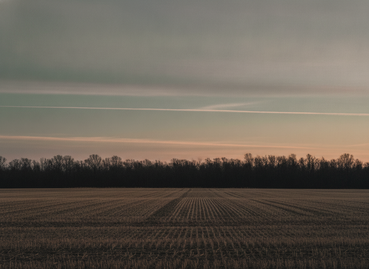 Flat western Kentucky farmland at dusk with a distant tree line under a wide muted green-gray sky