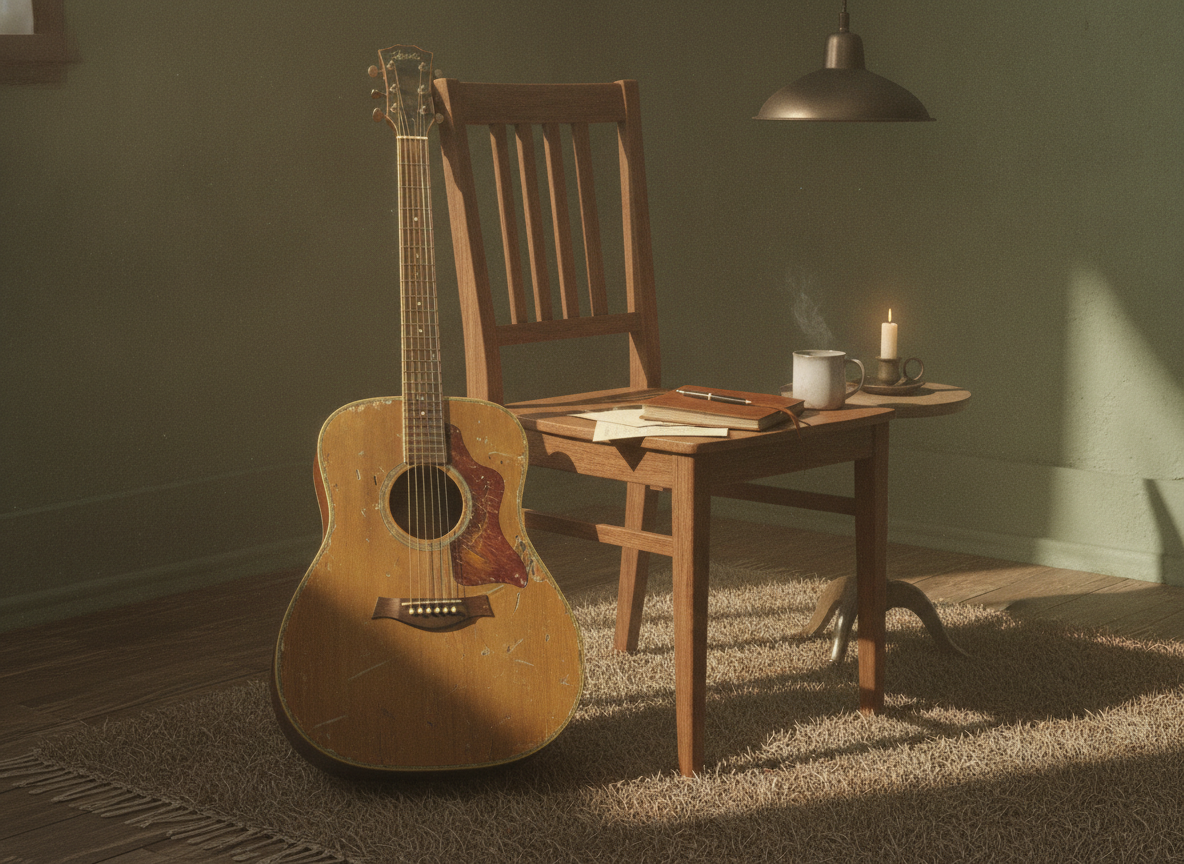 A worn acoustic guitar resting against a wooden chair in warm low light with muted green tones