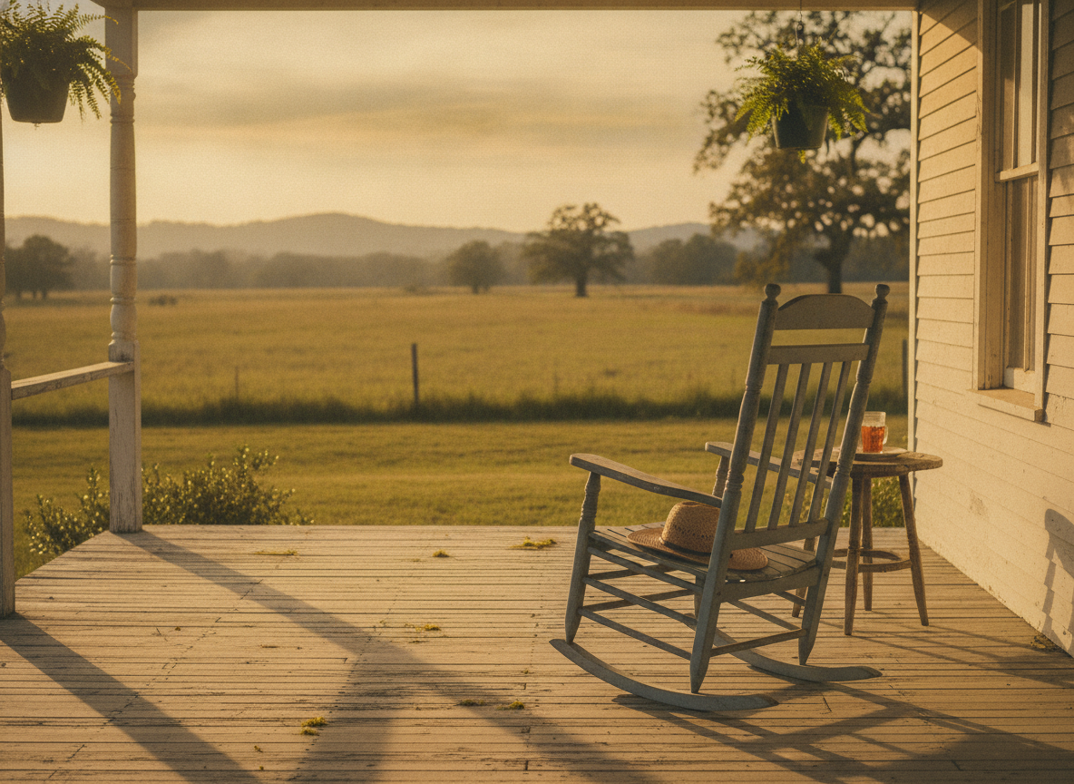 A weathered wooden farmhouse porch with an empty chair, warm light and muted green fields beyond