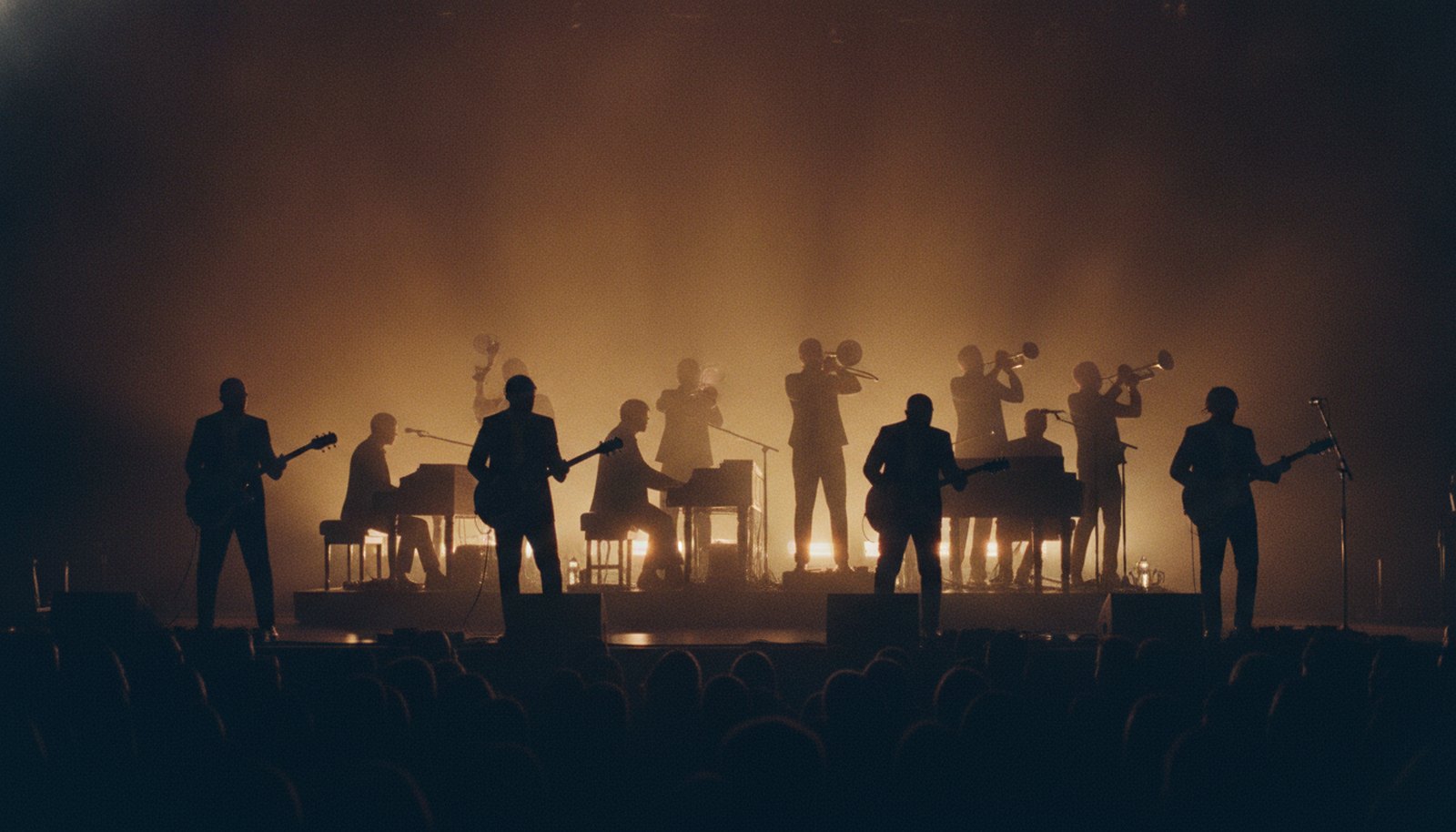 A nine-piece soul revue with a horn section in silhouette on a warmly lit stage