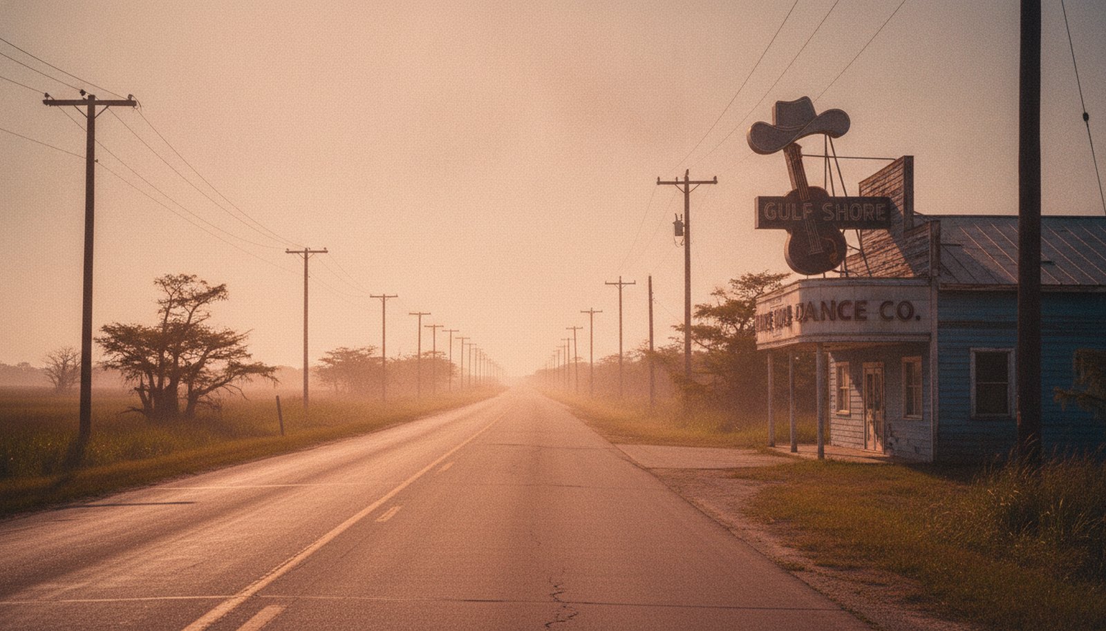 A sun-bleached Texas Gulf Coast highway at golden hour with an old roadside dancehall