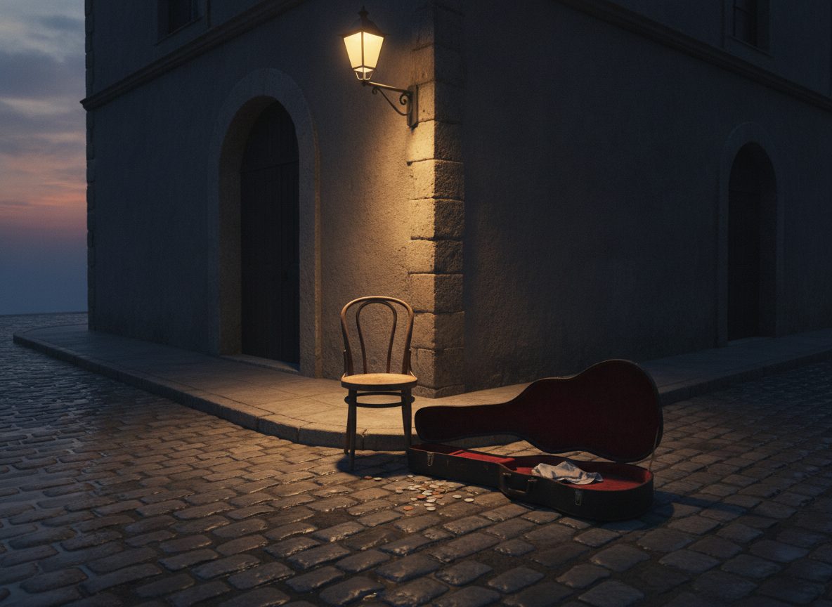 An empty cobblestone street corner at dusk with a lone wooden chair, an open guitar case, and warm lamplight